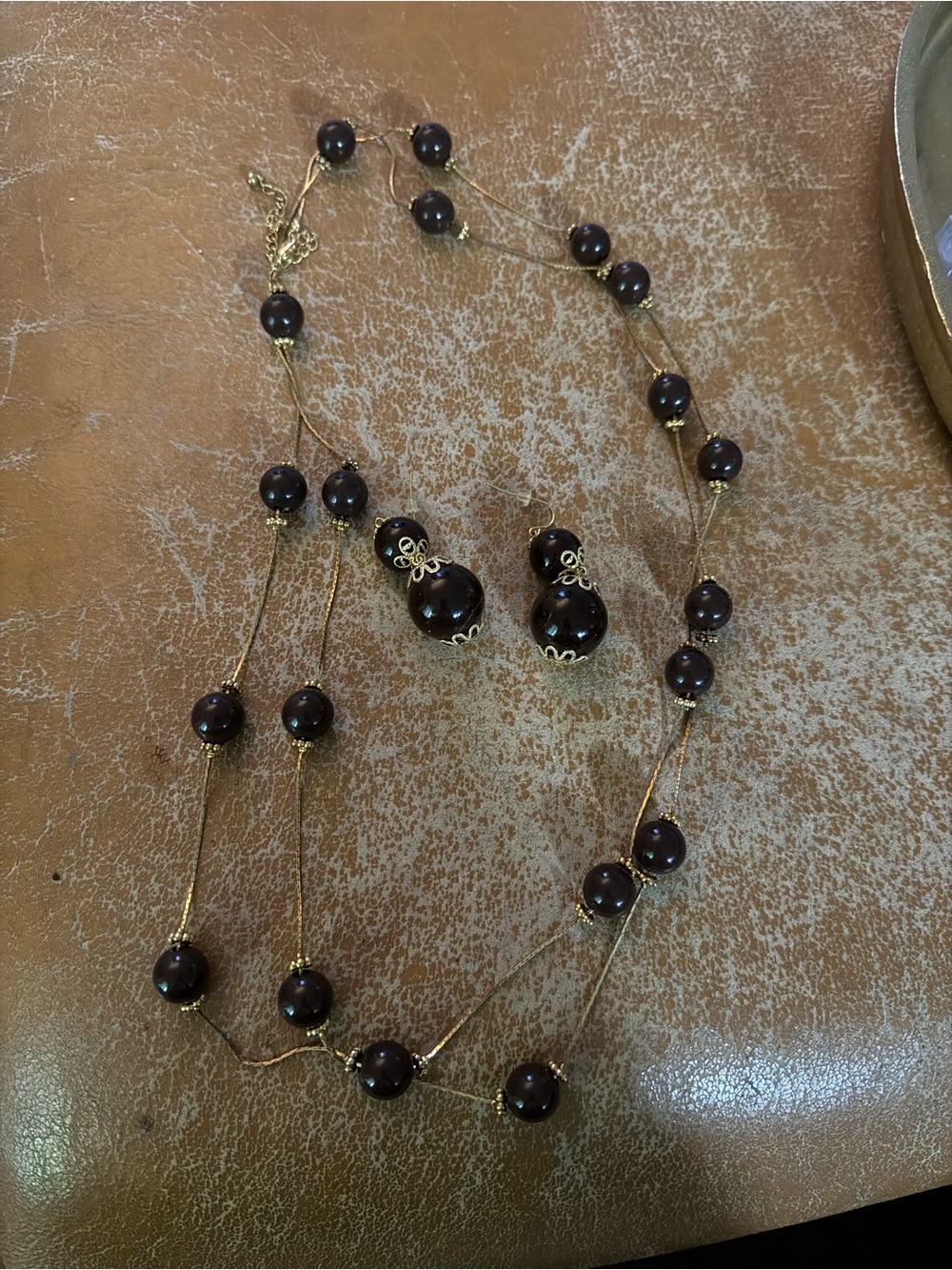 Gold-Trim Dark Brown Bead Necklace and Earring Set